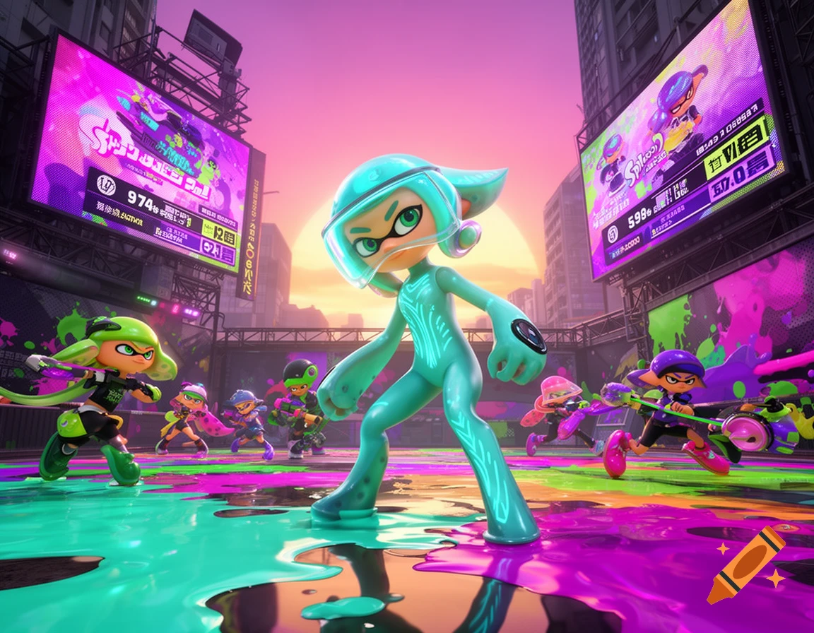 A teal Octoling stands in a vibrant, ink-splattered city street at sunset, with other ink-covered characters engaging in battle and large screens in the background.