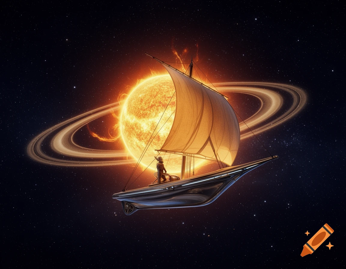 A humanoid figure sails a boat with a large canvas sail towards a glowing sun with rings like Saturn, against a star-filled space background.