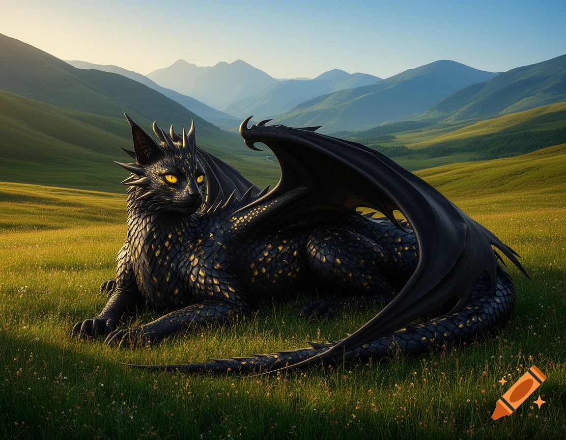 A majestic black dragon-cat hybrid with golden scales and glowing yellow eyes rests peacefully in a green valley before mountains.