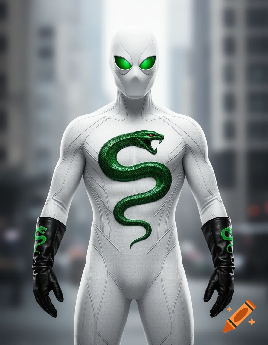 A sleek, white superhero in a full body suit, with vibrant green eyes and a large coiled green serpent logo on the chest. Black leather gloves feature smaller green serpent logos.
