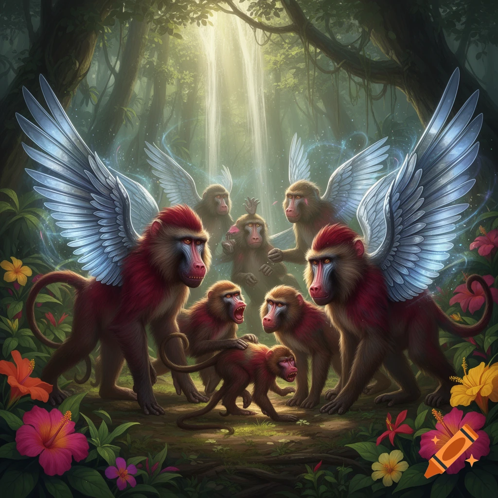 Several red-faced winged baboons, including adults and young, gather in a lush, sunlit jungle clearing with tropical flowers.