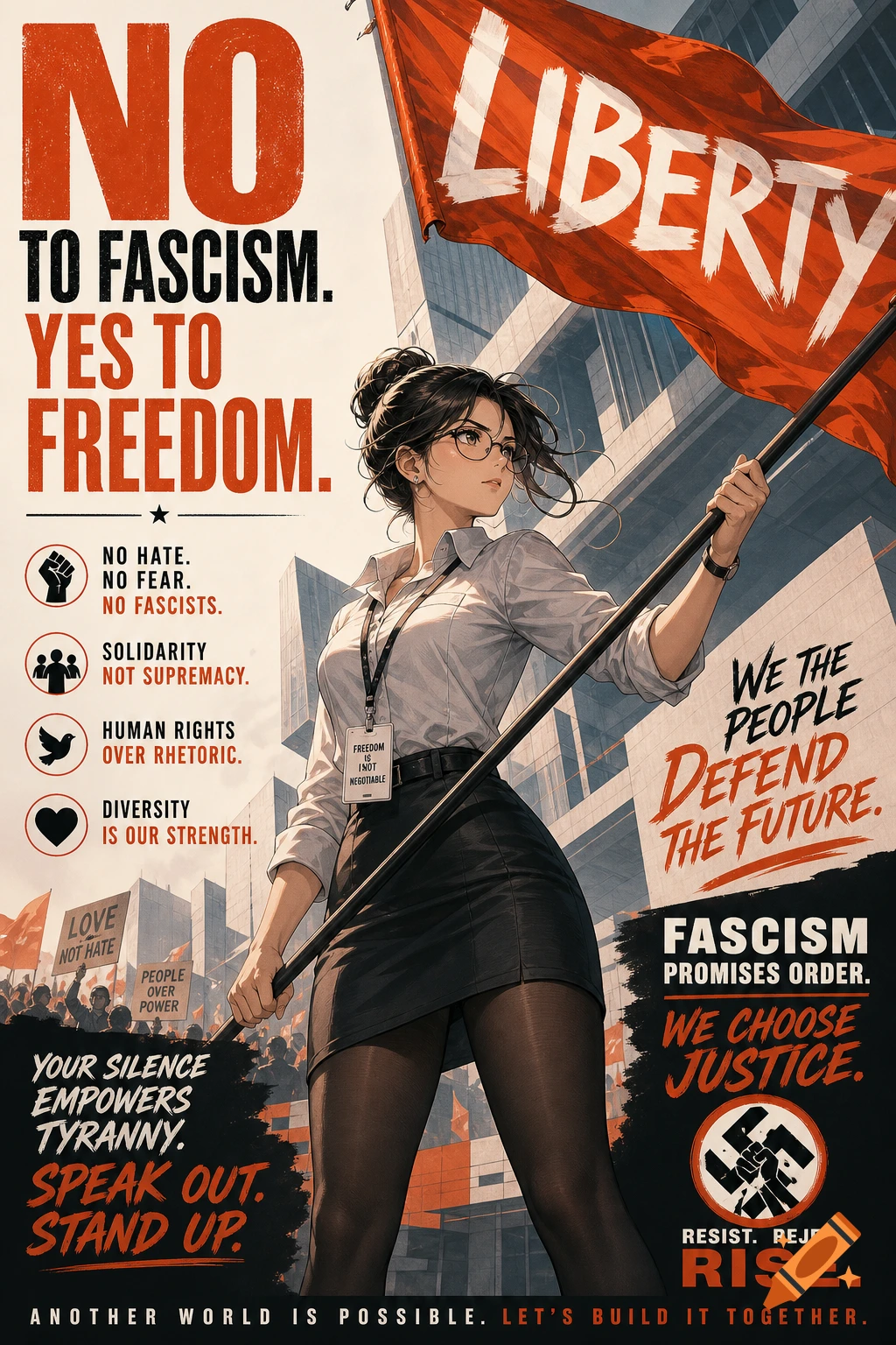 An anime-style anti-fascist poster featuring a secretary-like woman holding a flag that reads "Liberty." The poster is filled with various anti-fascism slogans.