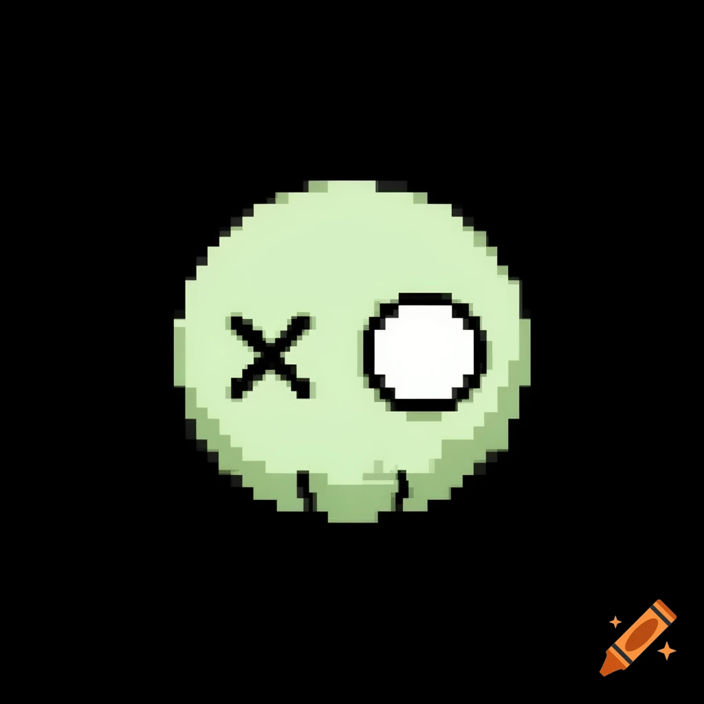 Pixel art icon of a pale green, round character with an 'X' eye and a circular eye on a black background.