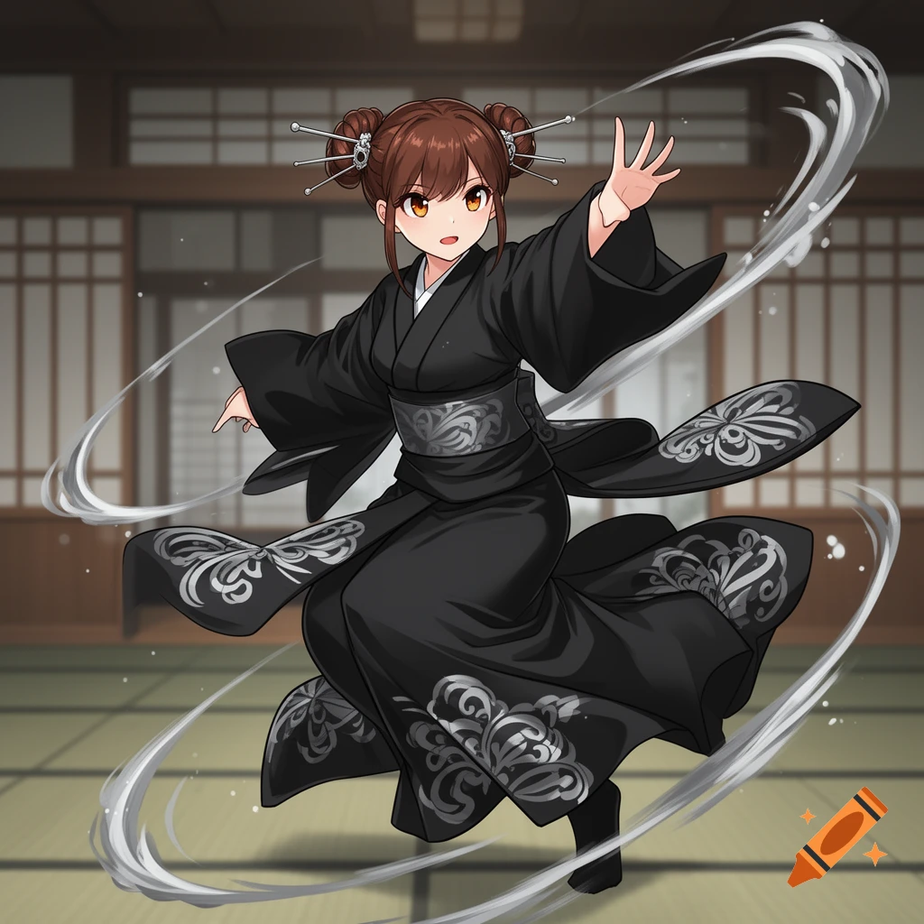 An anime girl with brown hair in two buns, wearing a black kimono with silver patterns, strikes an action pose with swirling effects in a traditional Japanese room.