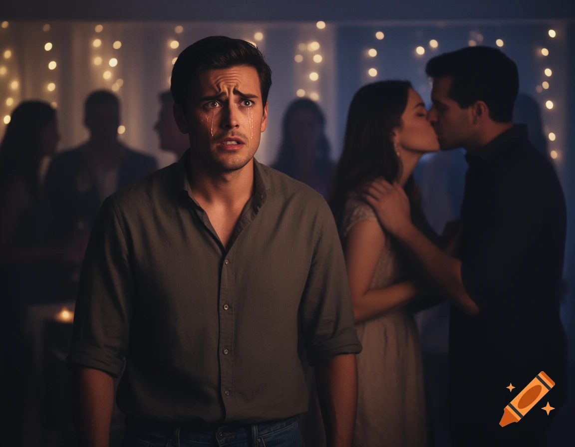 A distraught man cries in the foreground at a party, watching a couple kiss in the blurred background.