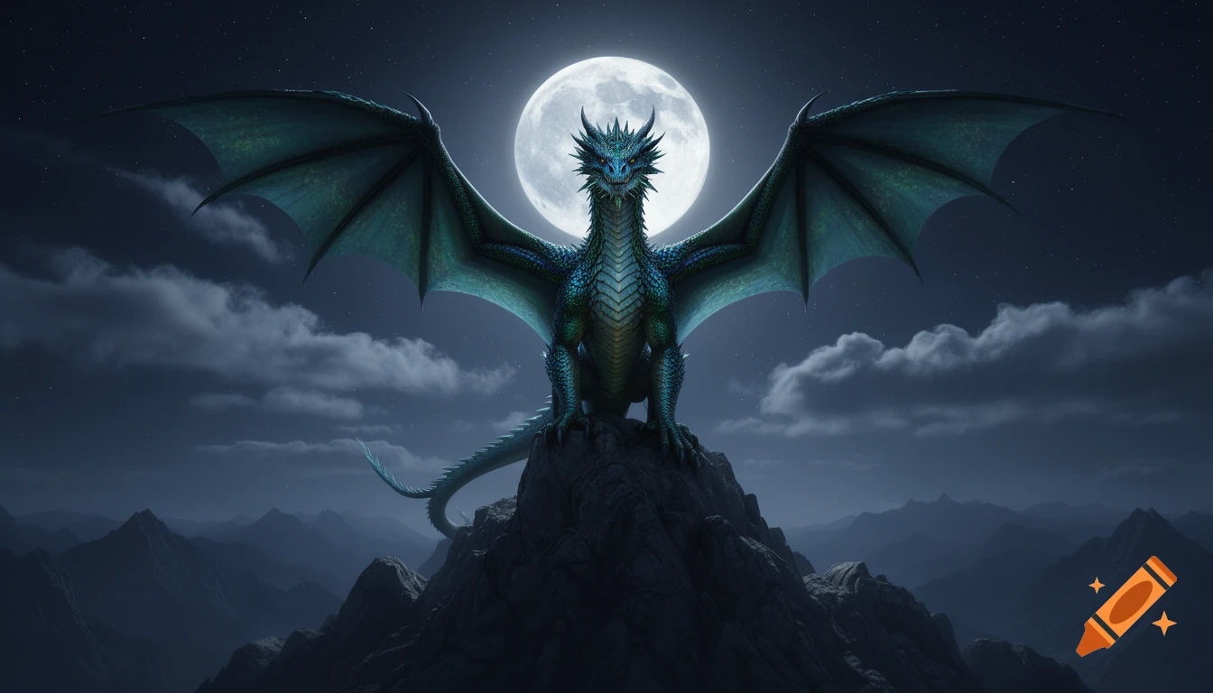A blue-green dragon with widespread wings perches on a rocky peak under a large full moon in a starry night sky.