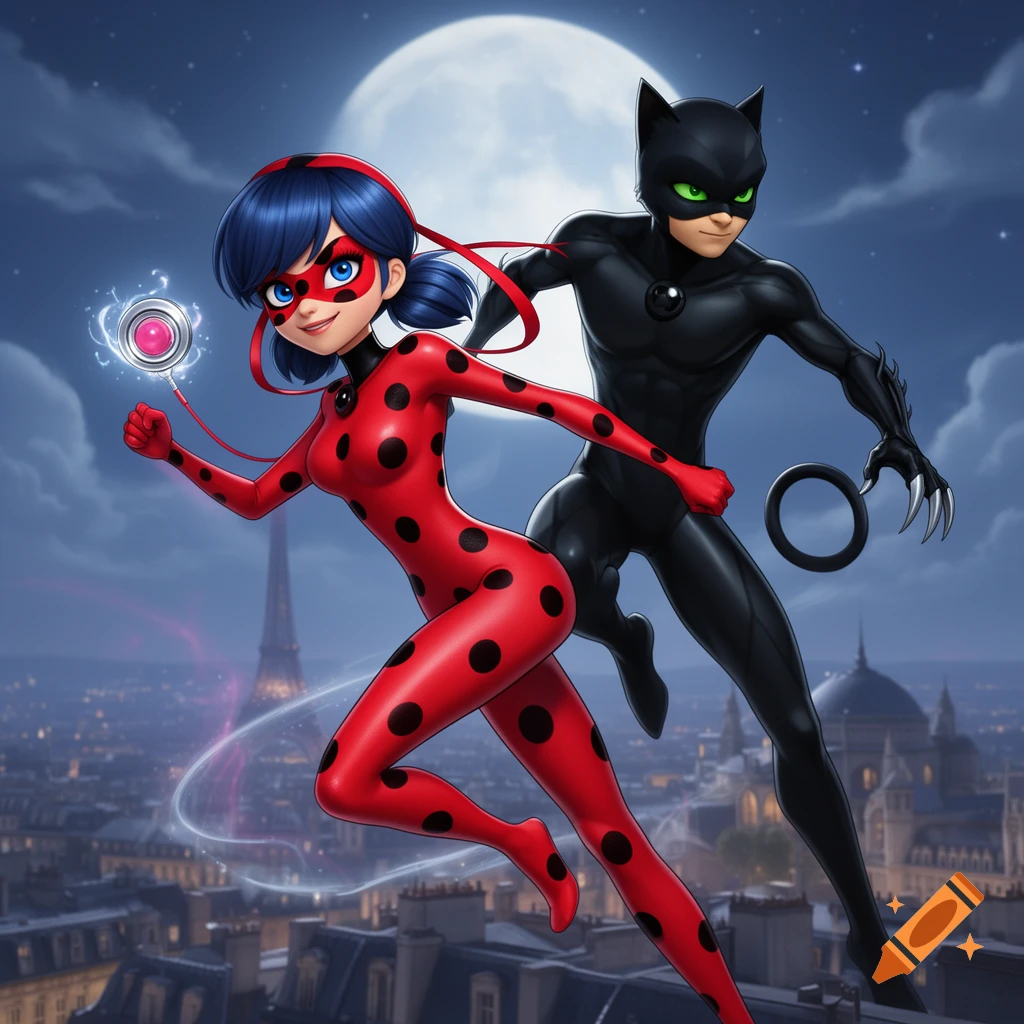 Miraculous Ladybug and Cat Noir leap over a moonlit Paris cityscape in a vibrant animated style.