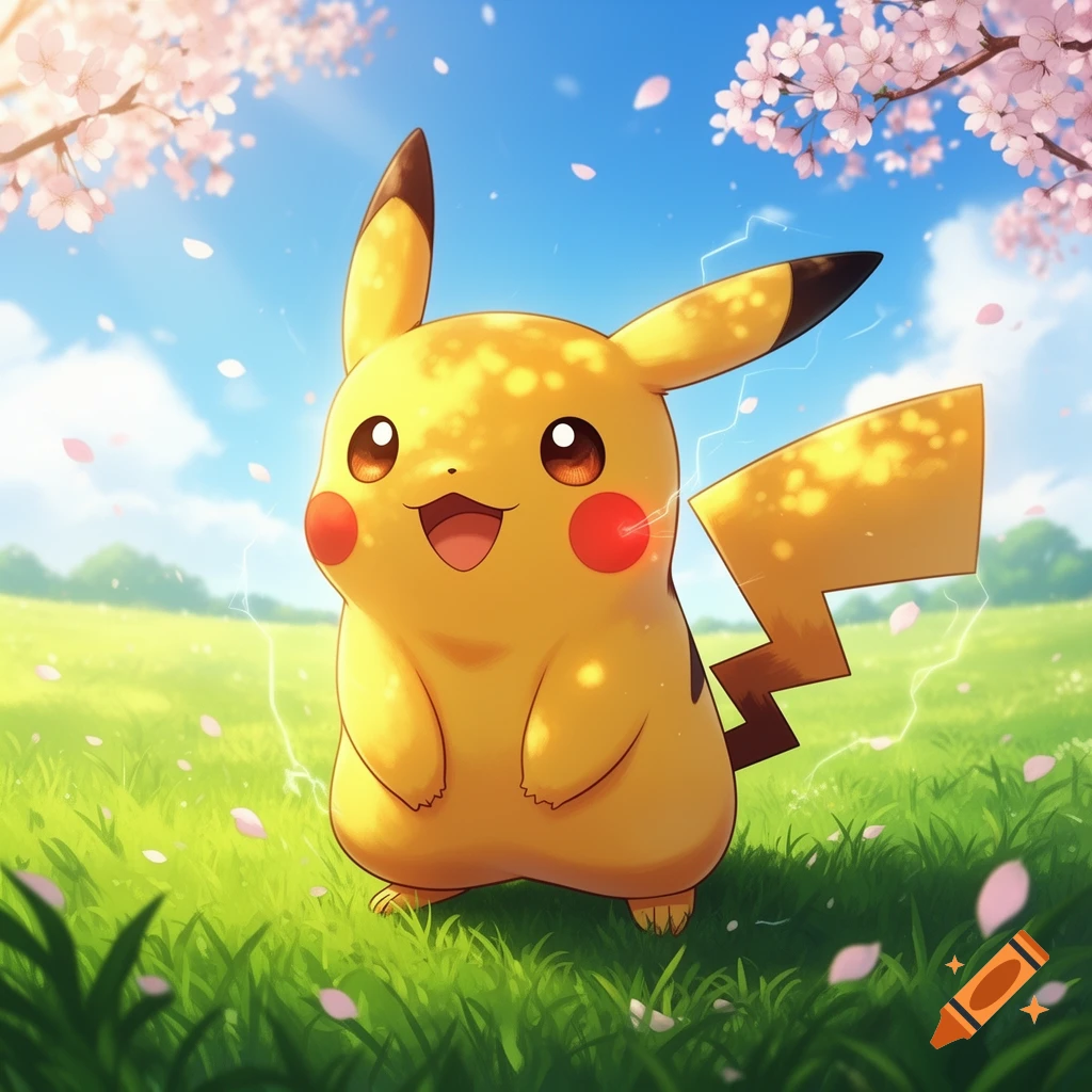 Happy Pikachu in a sunny, grassy field with pink cherry blossoms and falling petals, anime style.