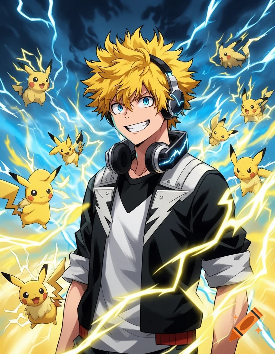 Anime boy with spiky blond hair and blue eyes, wearing headphones, smiles while surrounded by many Pikachu and electric lightning bolts.