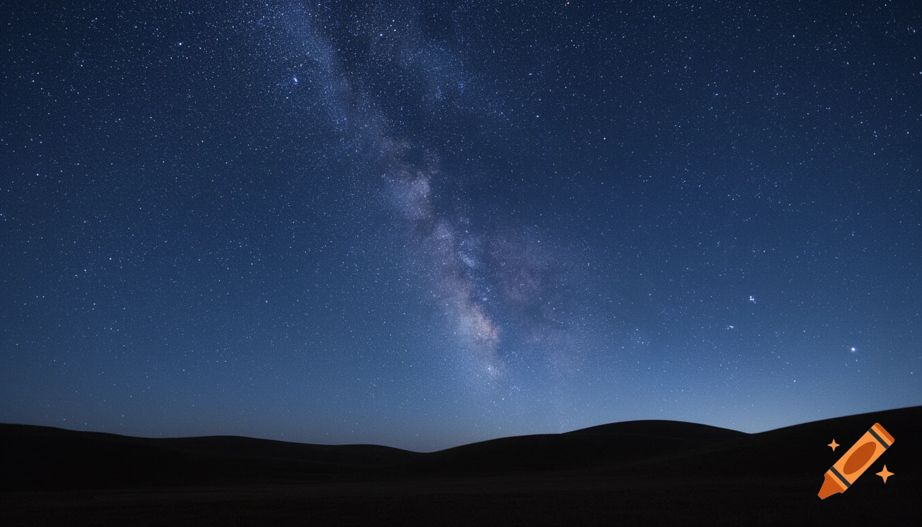 Photorealistic view of a vast night sky filled with countless stars and the Milky Way arching over dark, rolling hills.