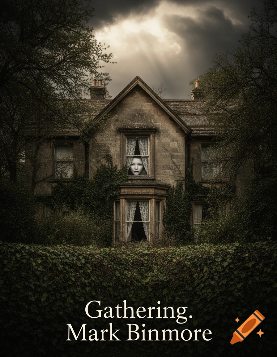 An overgrown, abandoned English country home under stormy skies, with a pale face peering from a window. Text: Gathering. Mark Binmore.