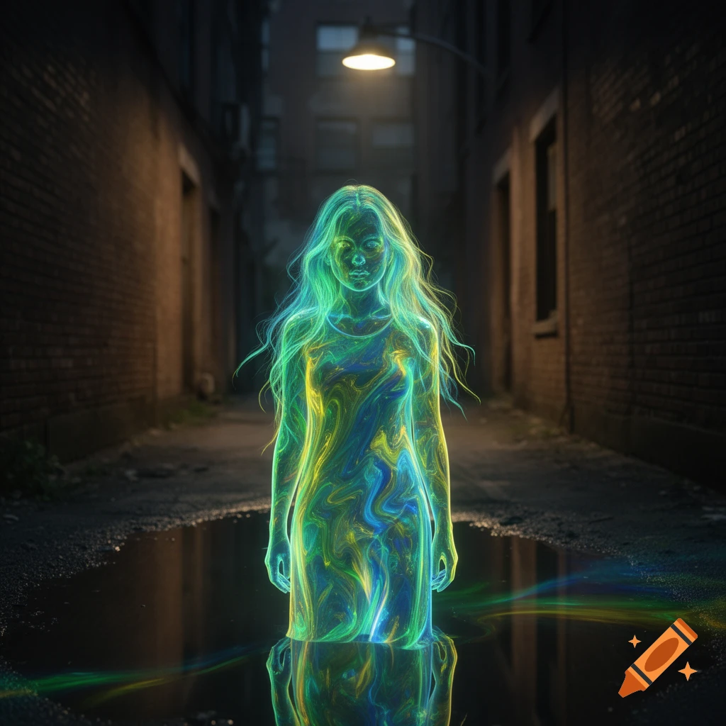 A glowing, ethereal girl made of swirling green, yellow, and blue energy stands in a dark, wet alley under a single street lamp, reflecting in a puddle.