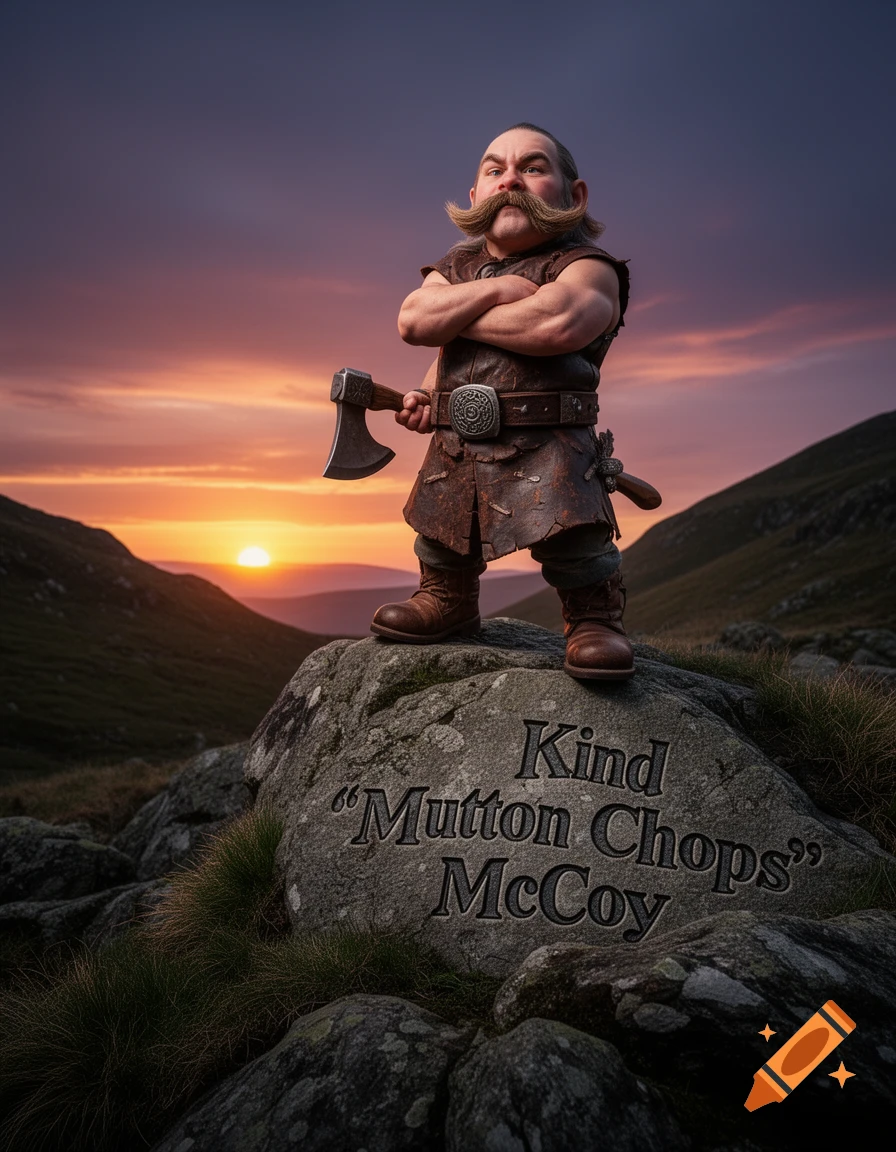 A stylized halfling barbarian with a large mustache, axe, and leather armor stands on a rock with his name carved in it, against a dramatic sunset.