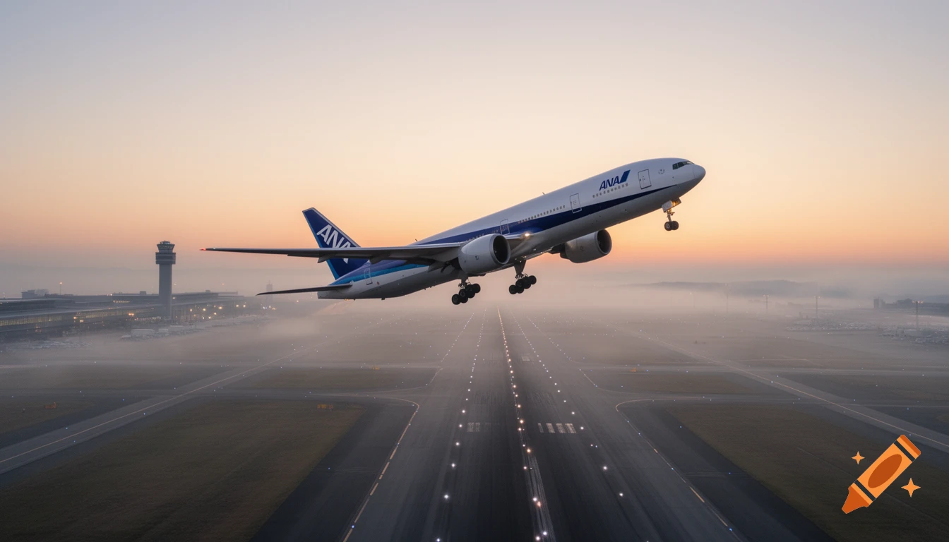 An ANA Boeing 777 airplane takes off from a misty airport runway at sunrise, control tower visible.