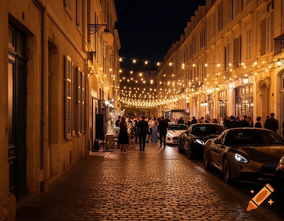 Photorealistic image of a lively cobblestone street at night, illuminated by string lights, with people attending a party and luxury cars parked.