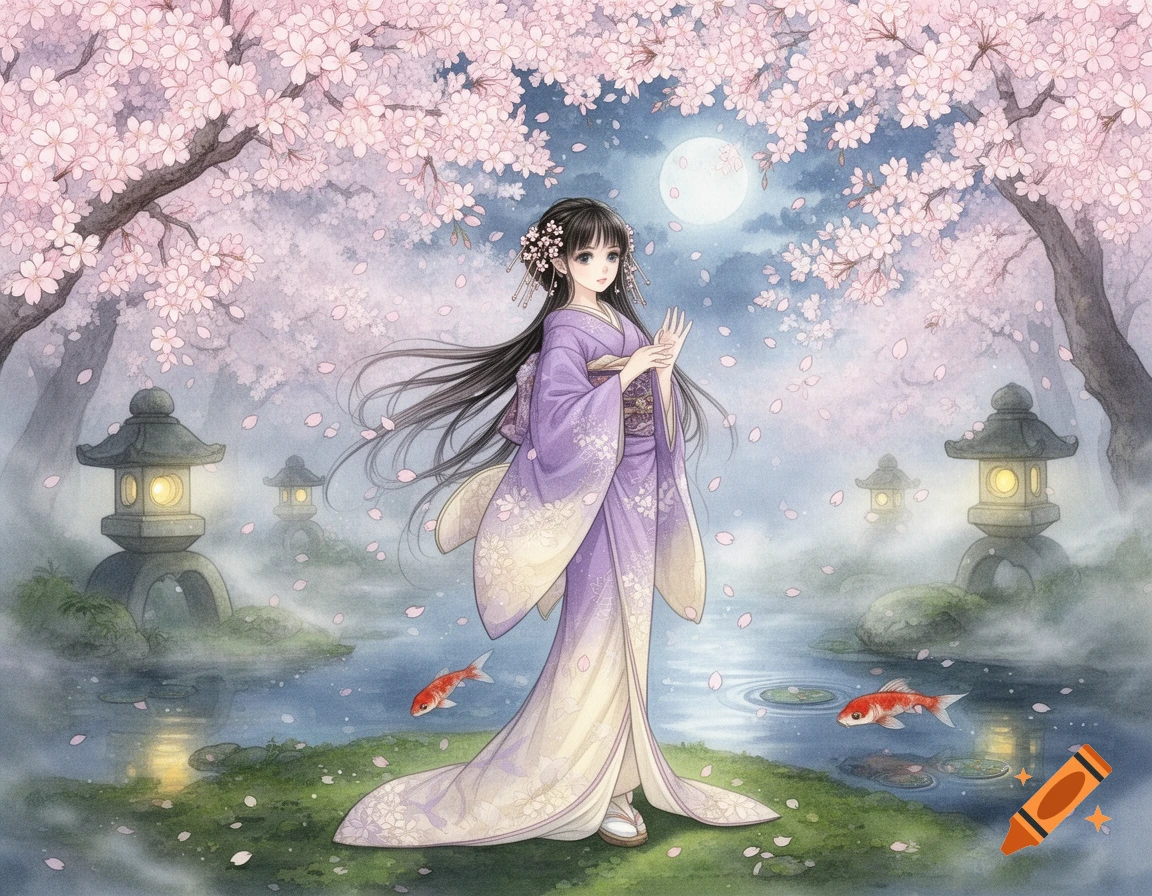 An anime girl in a lavender kimono stands among cherry blossoms, traditional lanterns, and koi fish under a full moon.