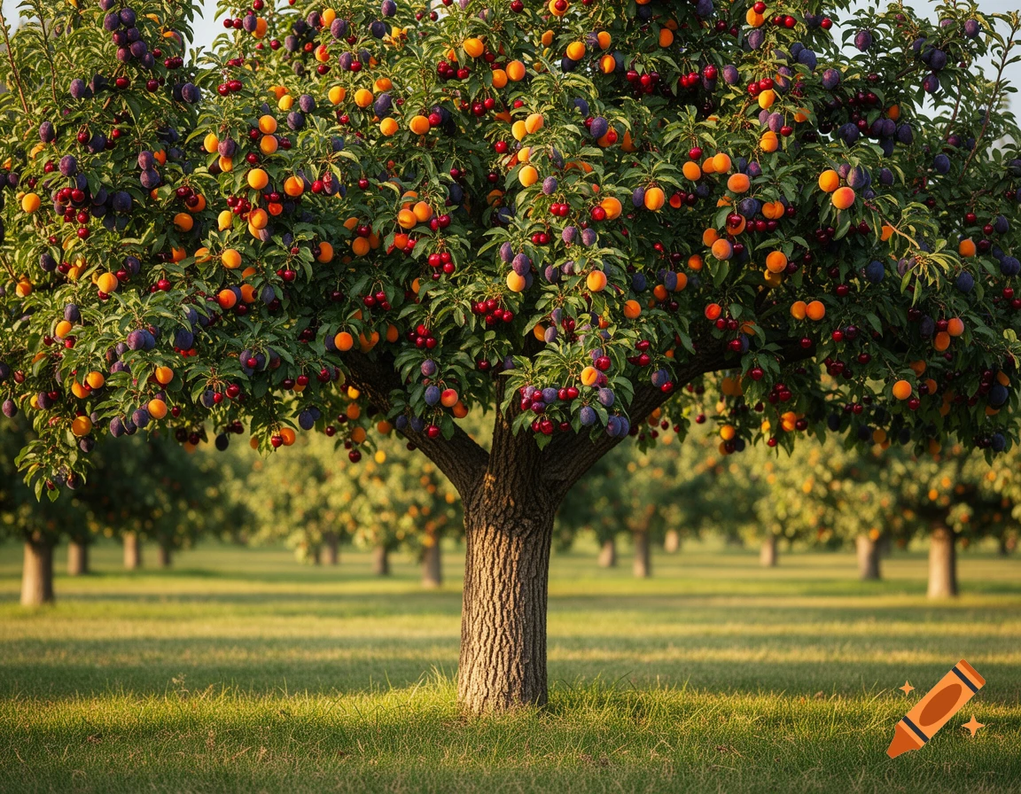 A single, vibrant fruit tree laden with purple plums, orange apricots, and red cherries in a sunlit green orchard.
