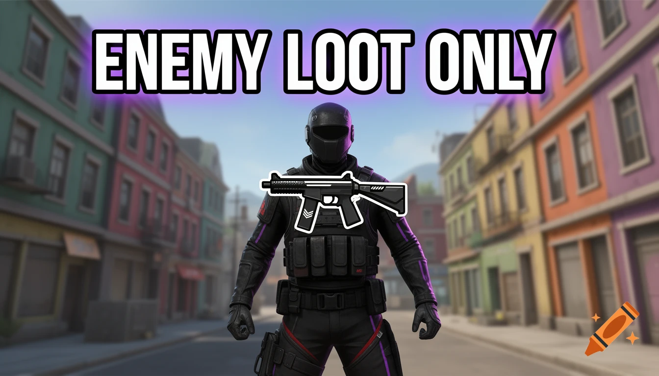 Gaming thumbnail featuring a character in black tactical gear holding a weapon icon, with "ENEMY LOOT ONLY" text above a blurred urban background.