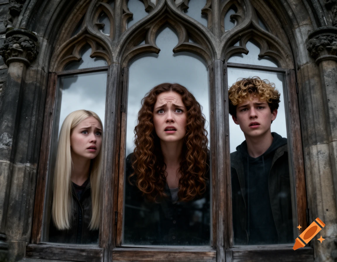 Three scared teenagers with brown, blonde, and curly dark blonde hair look out from a gothic castle window.