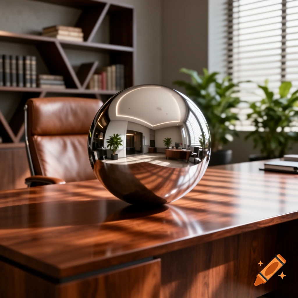 A shiny chrome sphere sits on a polished wooden desk in a sunlit office, reflecting the room's interior.