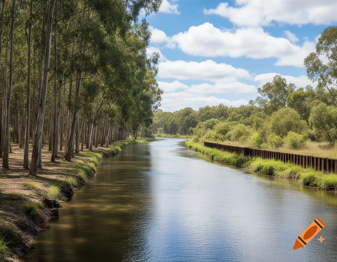 A calm river flows between a dense line of tall gum trees on the left bank and a grassy bank with a short fence on the right under a blue sky with white clouds.