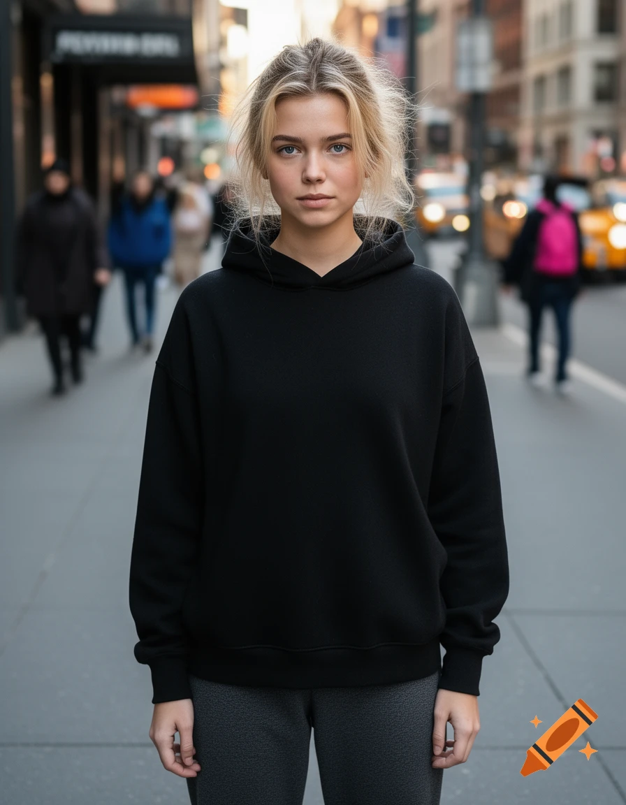 Photorealistic portrait of a young woman with blonde hair, blue eyes, black hoodie, and grey sweatpants on a city sidewalk.