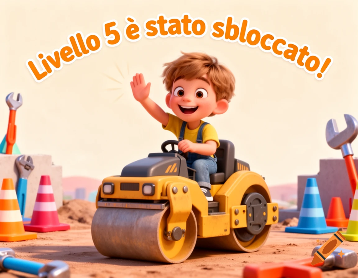 Happy Pixar-style boy on a road roller at a construction site with "Livello 5 è stato sbloccato!" text.