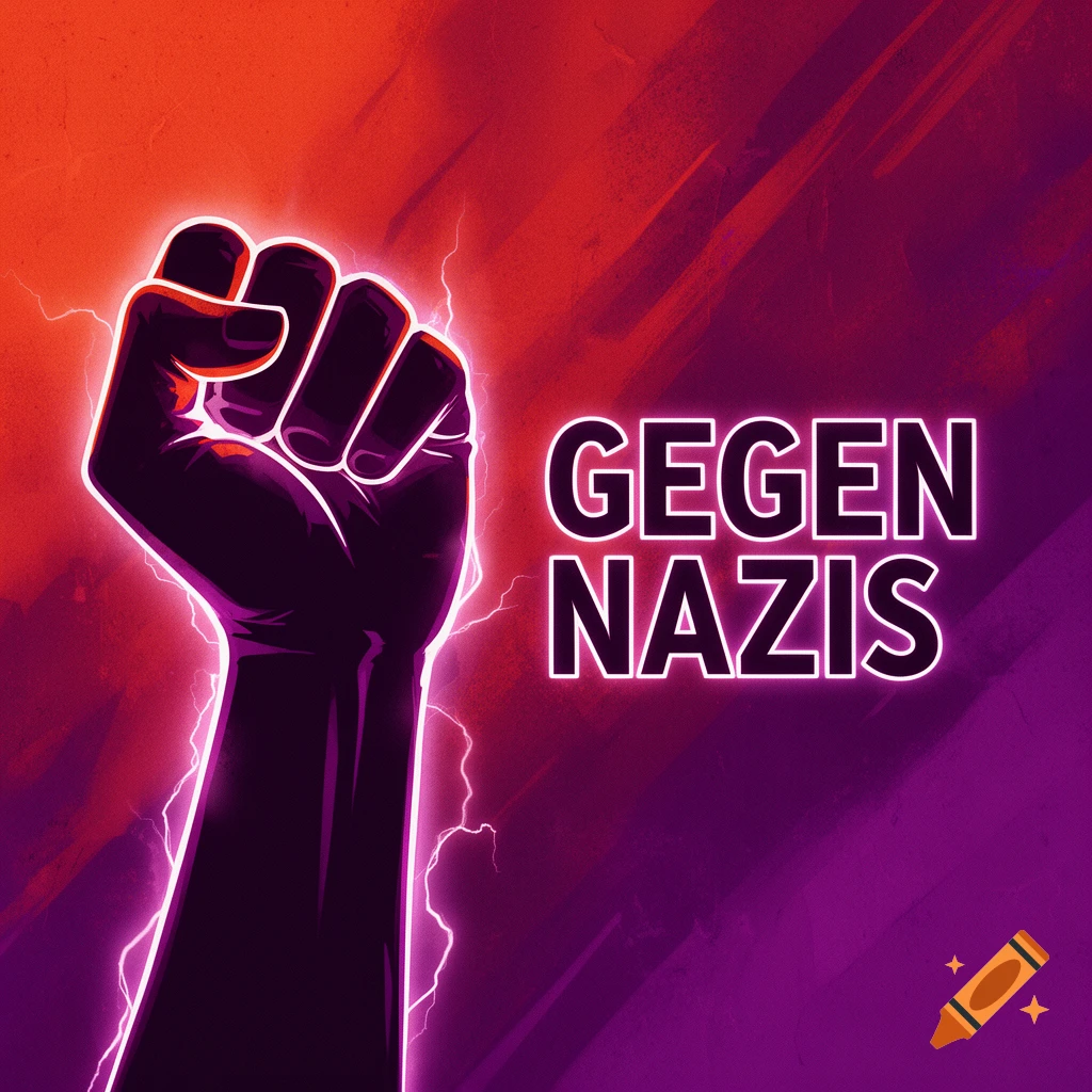 Stylized raised black fist with glowing purple outline and lightning bolts, against a gradient background with text 'GEGEN NAZIS'.