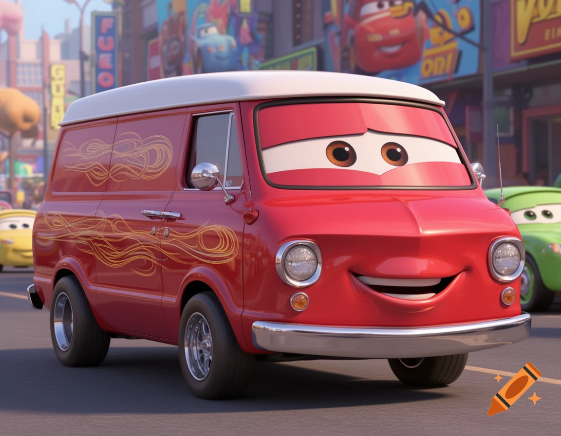 A red 1969 Chevy van, designed as a Pixar Cars character with a friendly face and gold flames, drives down a city street.