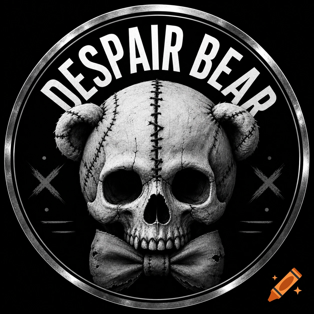 A black and white logo features a stitched skull with teddy bear ears and a fabric bow tie, encircled by the words 'DESPAIR BEAR'.