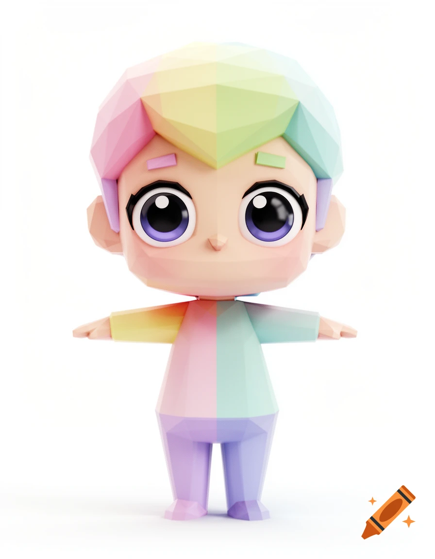 A cute, low-poly chibi character in a T-pose, featuring rainbow hair and a pastel outfit on a white background.
