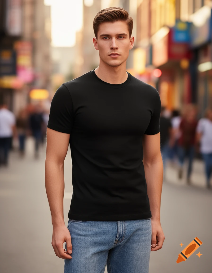 A young man in a black t-shirt and jeans stands on a blurred city street.