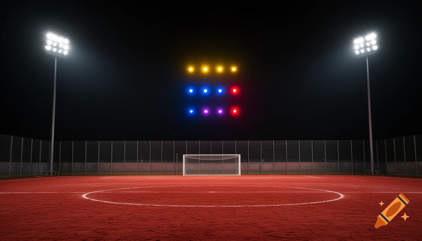 A red-turfed soccer field at night, illuminated by bright stadium lights and a grid of colorful floating lights.