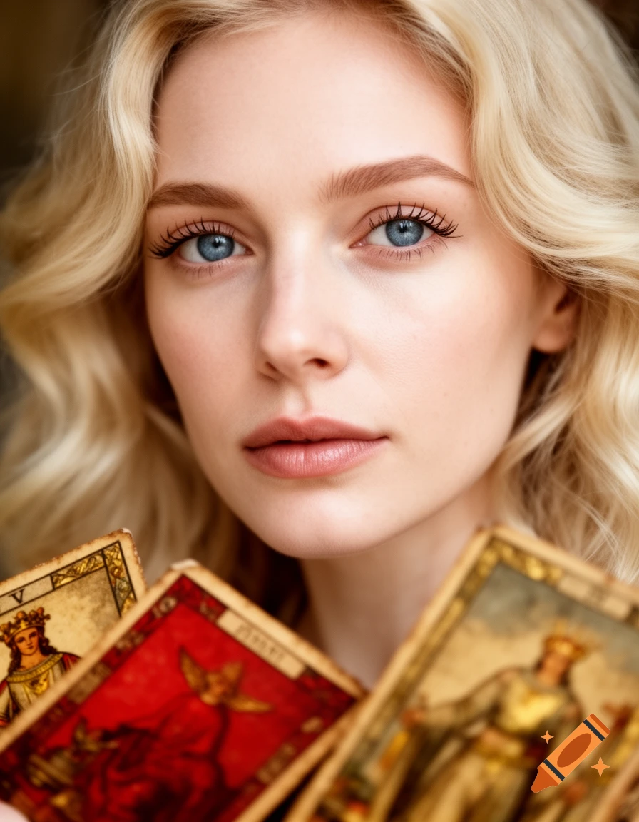 Close-up portrait of a fair-skinned blonde woman with blue eyes and wavy hair, holding blurred red and gold tarot cards.