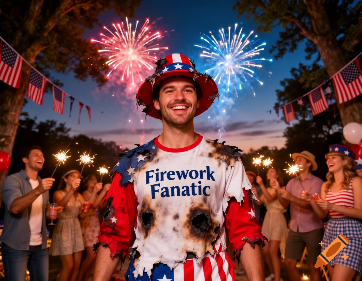 A man in a torn, burnt 'Firework Fanatic' shirt and American flag hat smiles at a 4th of July party with fireworks and sparklers.