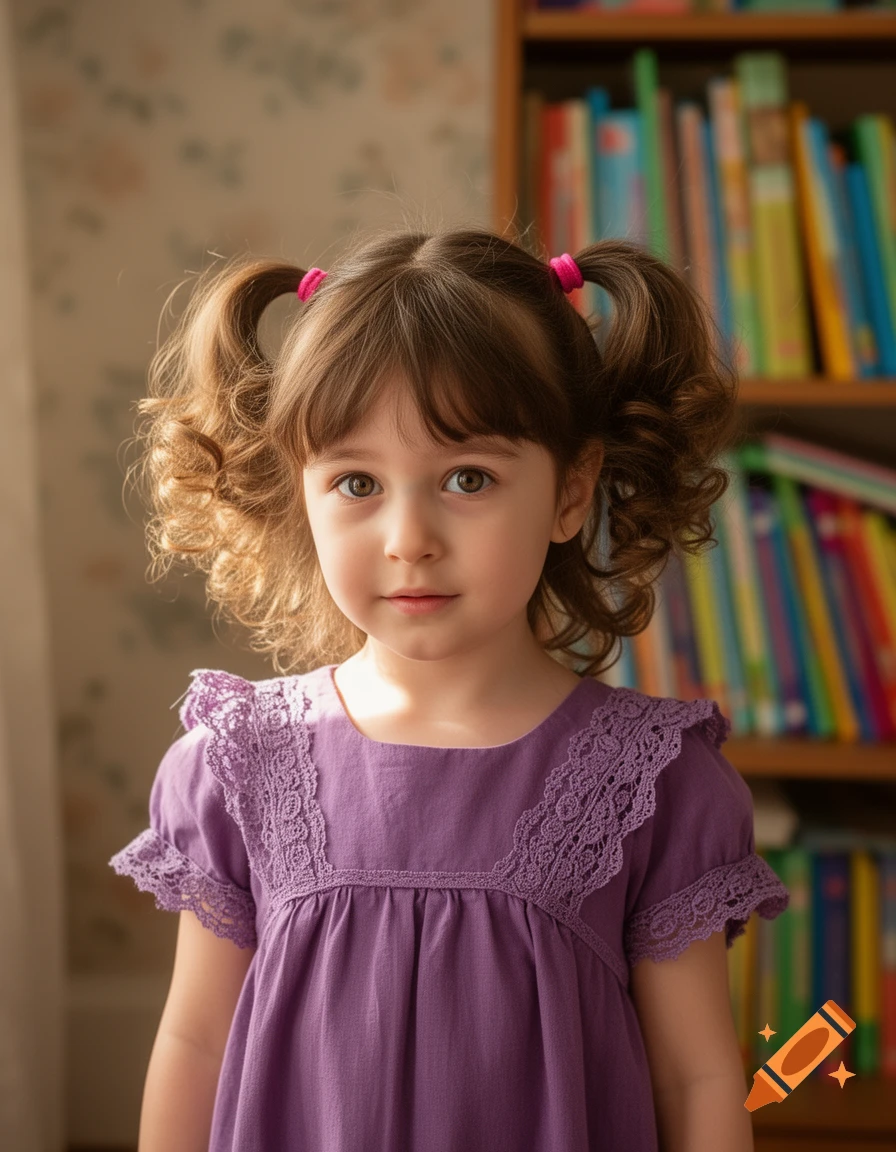 A young girl with brown pigtails and a purple dress gazes forward, a blurred bookshelf behind her.