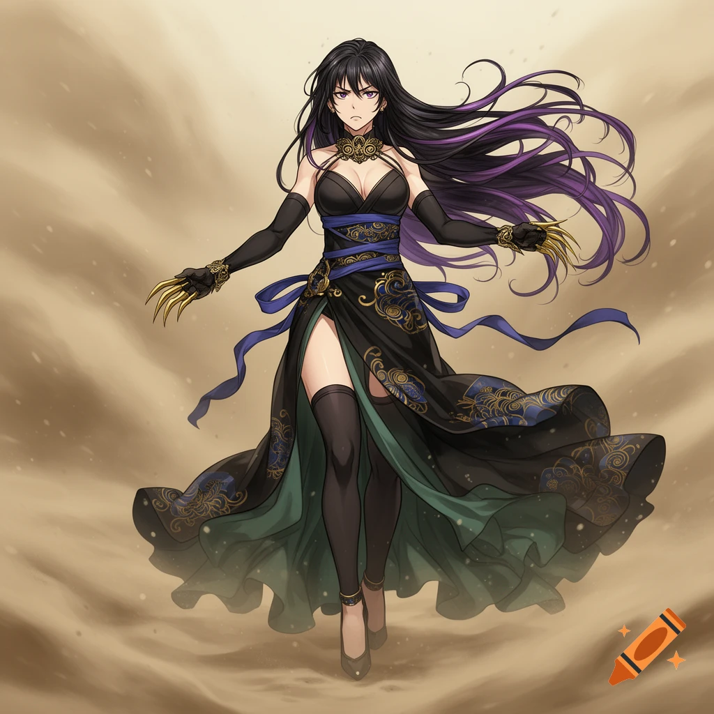 Anime woman with black and purple hair, elegant black, blue, and gold dress, golden claws, standing in a sandstorm desert.