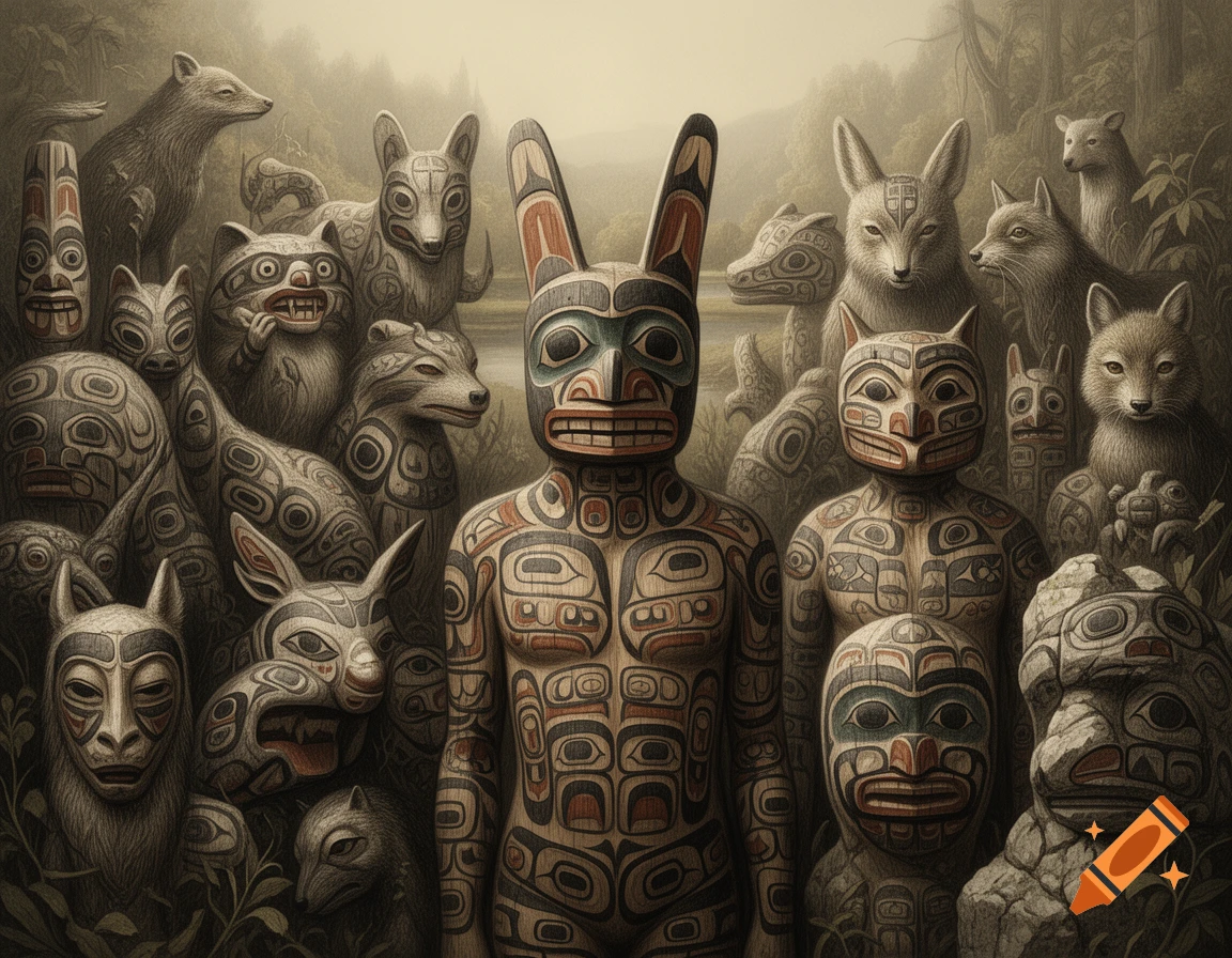 A gathering of stylized figures and animals adorned with tribal masks and intricate patterns in a misty, dark forest, in the style of Indigenous art.