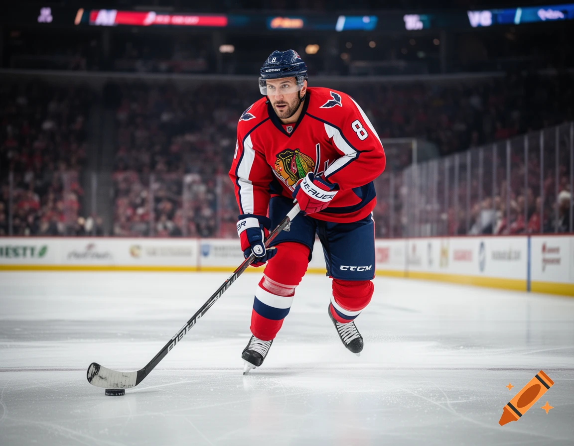 A male hockey player in a red, white, and blue jersey with the number 8 and a bird head logo skates on an ice rink during a game.