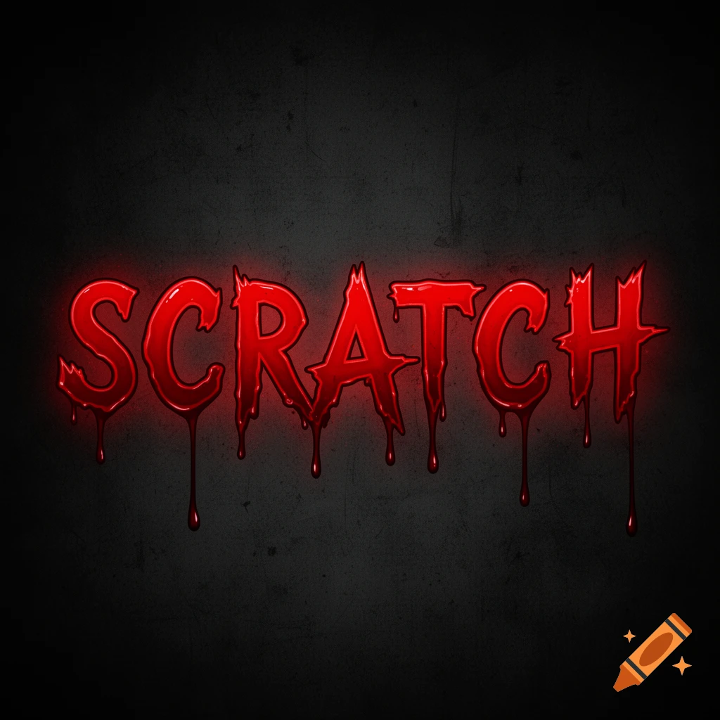 The word SCRATCH in a stylized red, blood-dripping font with a red glow, against a dark textured background.