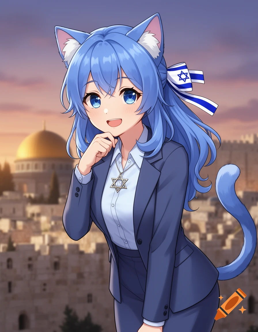 An anime cat girl with blue hair and cat ears, wearing a suit and a Star of David pendant, stands in front of a Jerusalem cityscape with the Dome of the Rock.