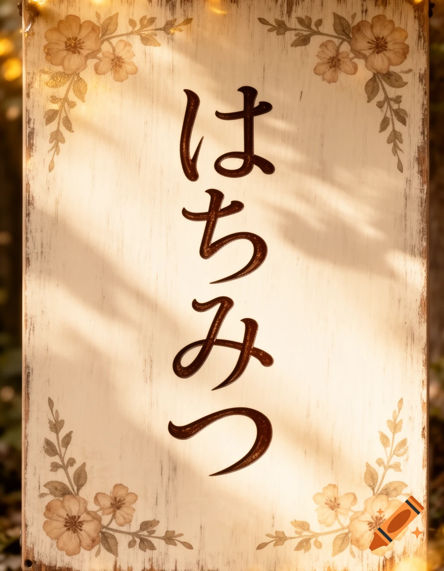 Distressed wooden sign with dark brown Japanese characters 'はちみつ' (Hachimitsu) and floral patterns, bathed in warm sunlight.