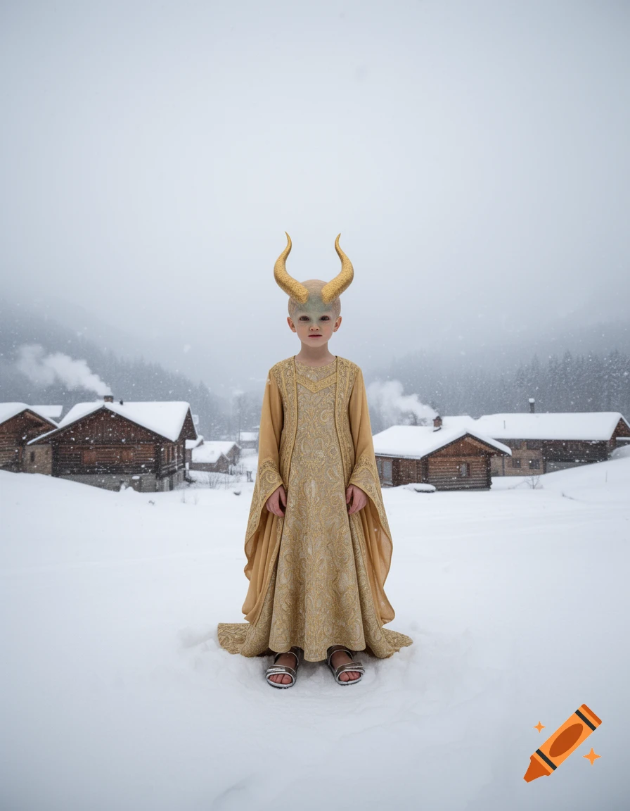 A child dressed as an alien with golden horns and a golden robe stands in a snowy village.