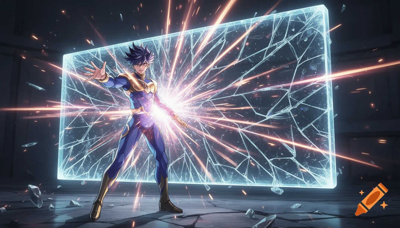 An anime character in a blue and gold suit stands with an outstretched hand, creating a glowing, fractured rectangular energy shield that deflects an attack.