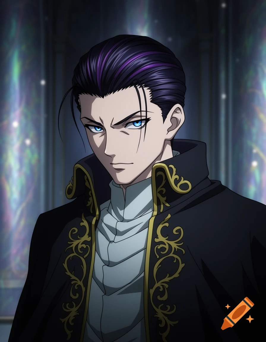 Anime man with dark hair and purple streaks, blue eyes, wearing an ornate black and gold coat.