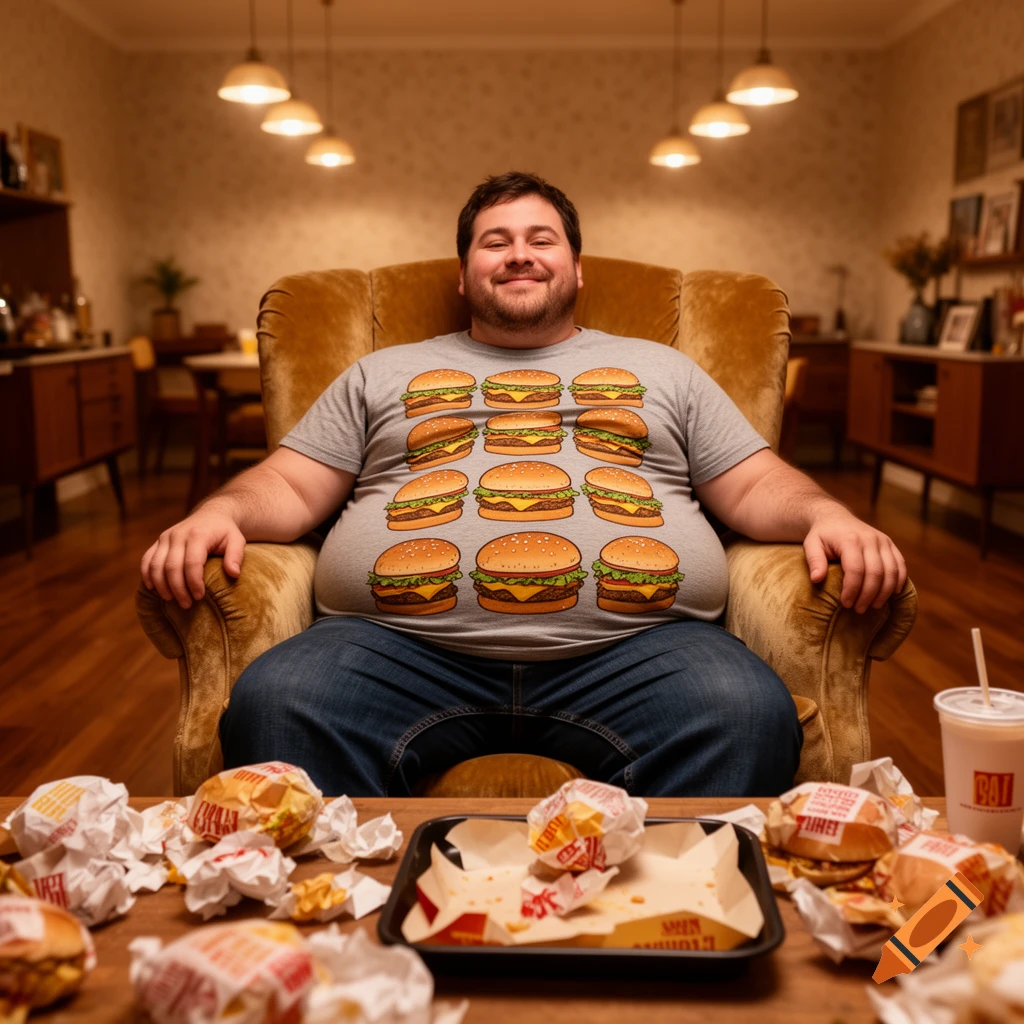 An overweight man with a burger-patterned shirt sits on a plush chair in a cozy living room, surrounded by empty fast food wrappers and a drink on a table in front of him. He smiles at the viewer.