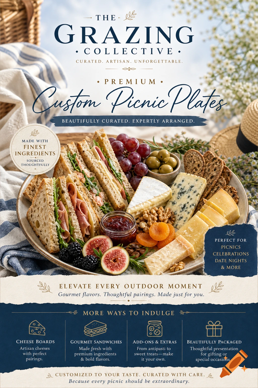 A poster for "The Grazing Collective" featuring a premium custom picnic plate with sandwiches, various cheeses, grapes, olives, dried apricots, figs, blackberries, and crackers, set against an outdoor background. Text describes the business offerings and quality.