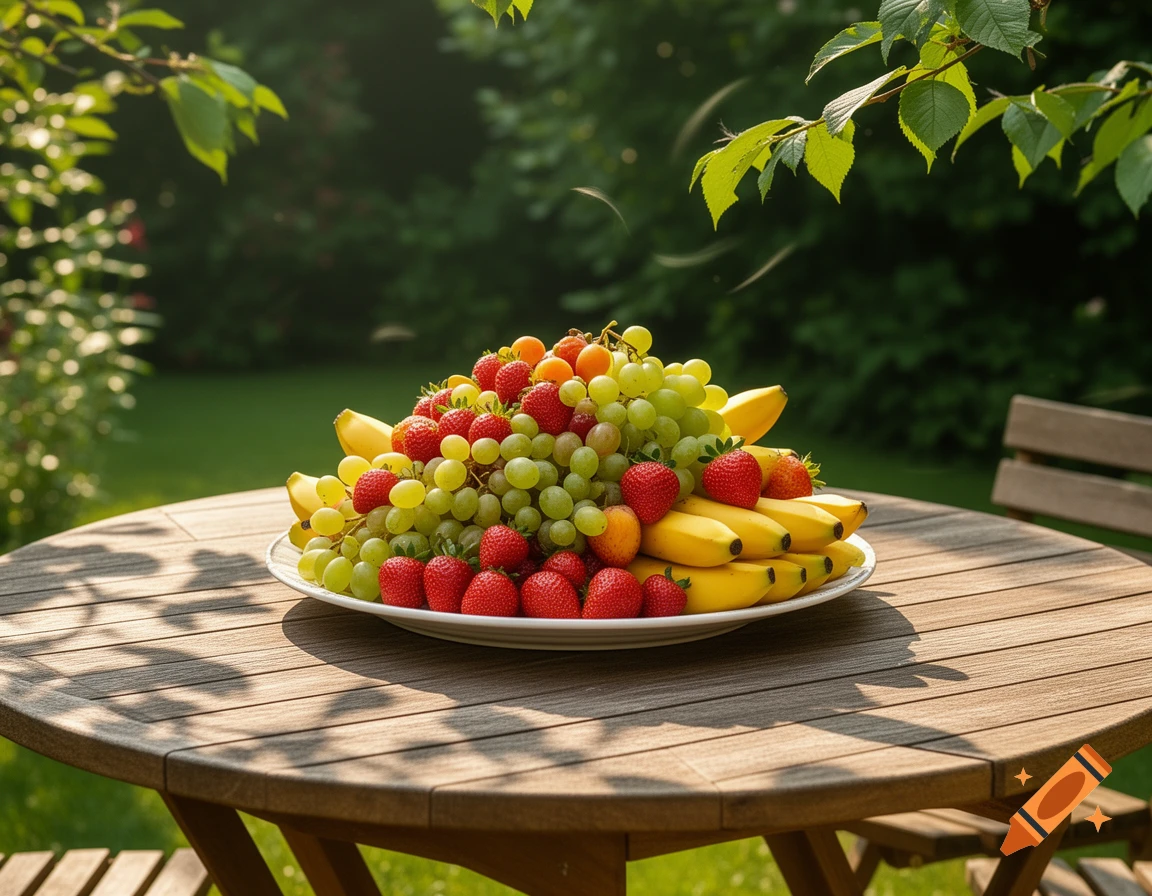A photorealistic plate piled with green grapes, red strawberries, and yellow bananas on a wooden garden table in bright sunlight.
