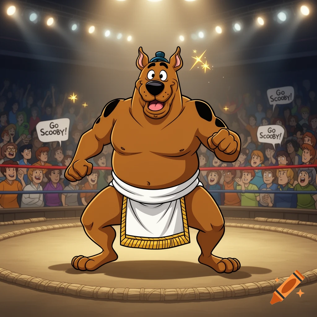 Scooby-Doo as a muscled sumo wrestler in a ring, surrounded by cheering cartoon spectators.