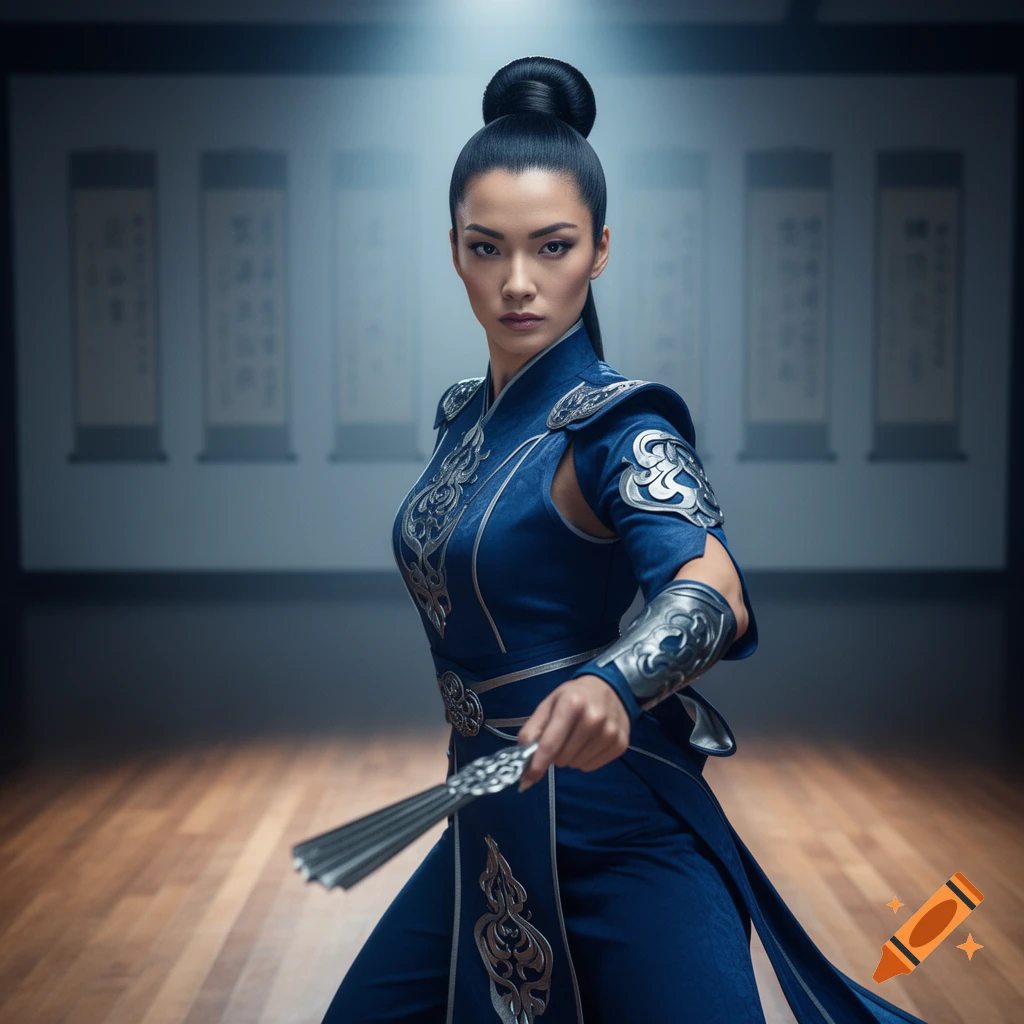 A woman in a blue and silver martial arts outfit, with her hair in a bun, holding a metal fan in a dojo.